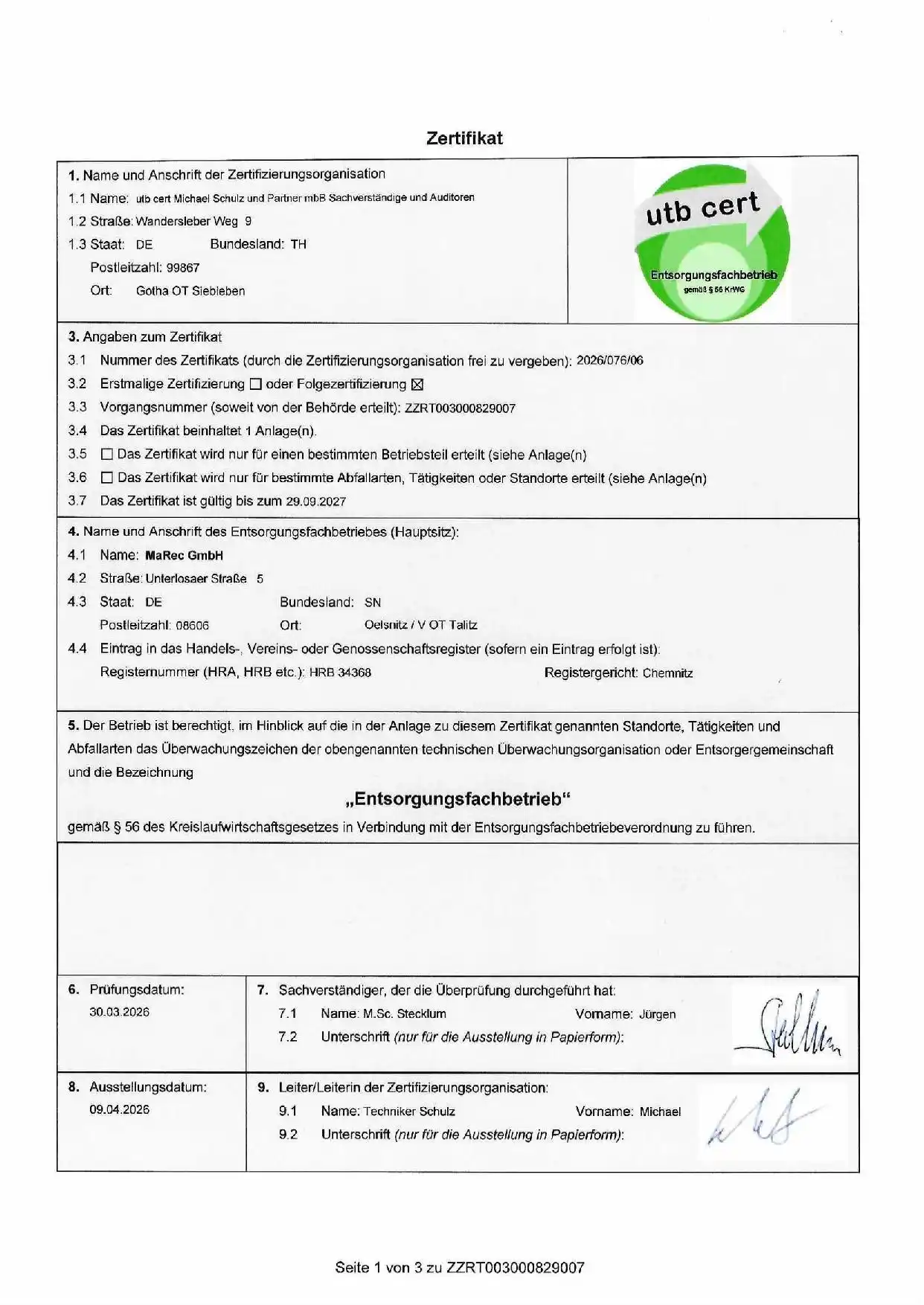 Zertifikat Entsorgungsfachbetrieb 2026 Marec GmbH - Seite 1