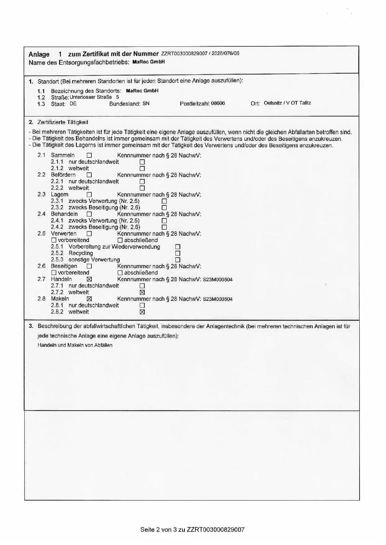 Zertifikat Entsorgungsfachbetrieb 2026 Marec GmbH - Seite 2